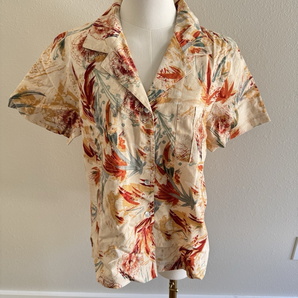 Vintage 90s Women's L Floral Hawaiian Print Linen Cotton Short Sleeve Camp Shirt